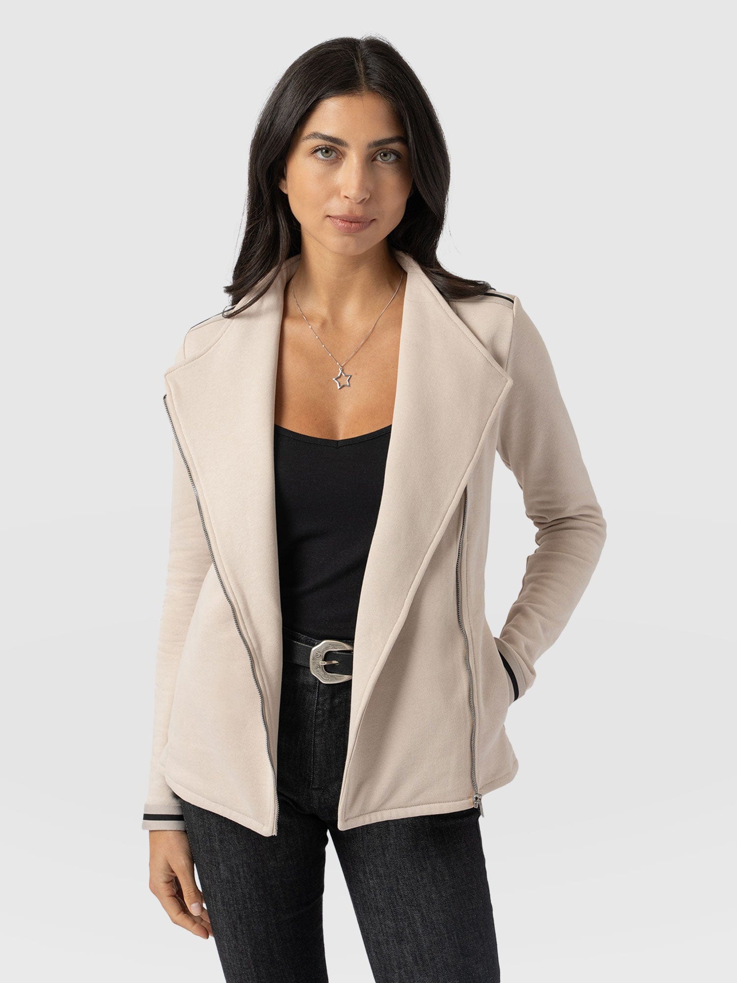 Cotton Biker Jacket - Light Beige - Black/Cream Stripe - Women's Jackets | Saint + Sofia® US
